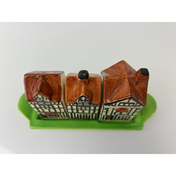 Beswick England 1940s Tudor-Style Cottages Salt Pepper & Sugar Set on Tray VTG - Picture 3 of 16
